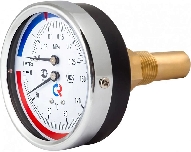 Термоманометр Росма ТМТБ-31Т.2 (0-120°C) (0-1MПa) G1/2 2,5, корпус 80мм, тип - ТМТБ-31T.2, длина клапана 64мм, до 120°С, осевое присоединение, 0-1MПa, резьба G1/2, класс точности 2.5